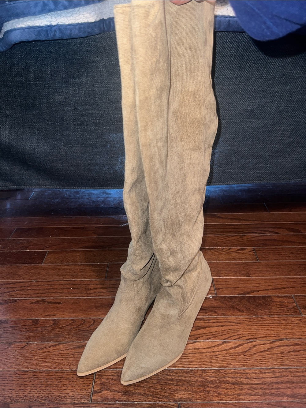 Women's Tan Over-the-Knee Heel Boots - Suede Look